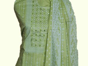 স্নিগ্ধ লাইট গ্রিন প্রিন্টেড থ্রি-পিস স্যুট (মিরর ওয়ার্ক সহ)